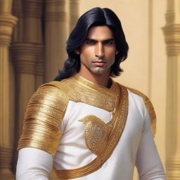 A hyper-realistic portrait of a young, lean Indian man, with fair skin, slightly longer neat hair, dressed in simple casual Indian royal attire of yellow or golden hue, gripping a lifelike diamond sword, standing next to a majestic white horse adorned with golden armor