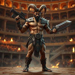 A muscular male satyr gladiator stands poised in a grand coliseum, showcasing his goat-like legs, curled horns, and pointed ears