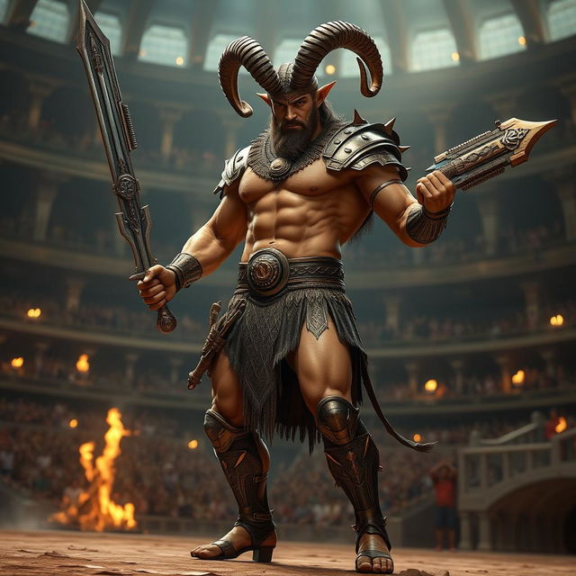 A muscular male satyr gladiator stands poised in a grand coliseum, showcasing his goat-like legs, curled horns, and pointed ears