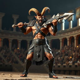 A male satyr gladiator standing at 5'8" tall, wielding a unique gunblade in a fierce stance