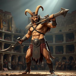 A male satyr gladiator standing at 5'8" tall, wielding a unique gunblade in a fierce stance