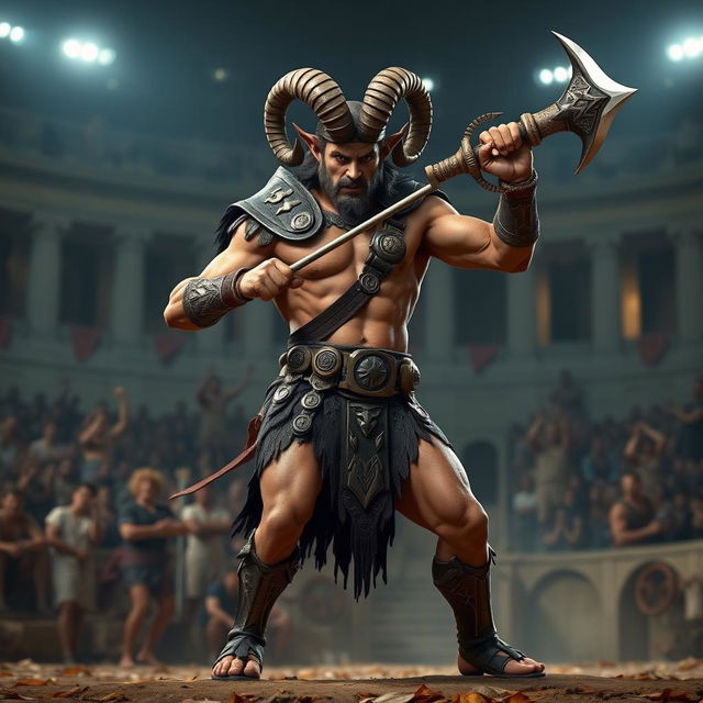 A male satyr gladiator standing at 5'8" tall, wielding a unique gunblade in a fierce stance