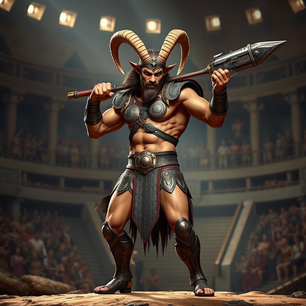 A male satyr gladiator standing at 5'8" tall, wielding a unique gunblade in a fierce stance