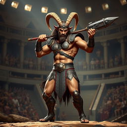 A male satyr gladiator standing at 5'8" tall, wielding a unique gunblade in a fierce stance