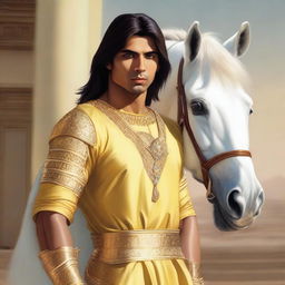 A hyper-realistic portrait of a young, lean Indian man, with fair skin, slightly longer neat hair, dressed in simple casual Indian royal attire of yellow or golden hue, gripping a lifelike diamond sword, standing next to a majestic white horse adorned with golden armor