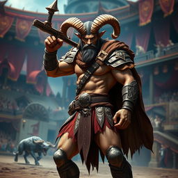 A male satyr gladiator with a short gun sword, showcasing his unique blend of fantasy and combat prowess