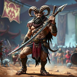 A male satyr gladiator with a short gun sword, showcasing his unique blend of fantasy and combat prowess