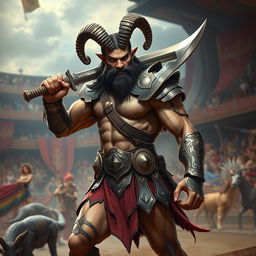 A male satyr gladiator with a short gun sword, showcasing his unique blend of fantasy and combat prowess