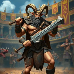 A male satyr gladiator with a short gun sword, showcasing his unique blend of fantasy and combat prowess