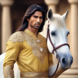 A hyper-realistic portrait of a young, lean Indian man, with fair skin, slightly longer neat hair, dressed in simple casual Indian royal attire of yellow or golden hue, gripping a lifelike diamond sword, standing next to a majestic white horse adorned with golden armor