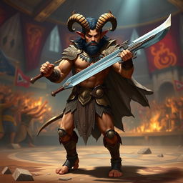 A short male satyr gladiator, showcasing his unique features with curled horns and cloven hooves, confidently wielding a gunsword