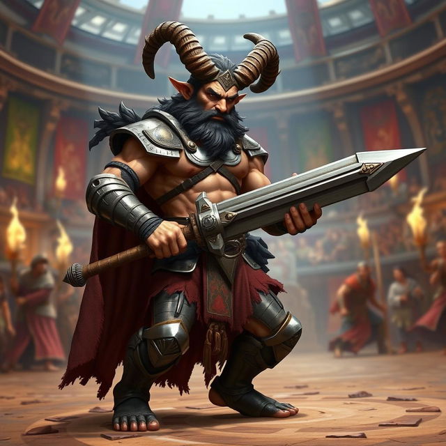 A short male satyr gladiator, showcasing his unique features with curled horns and cloven hooves, confidently wielding a gunsword