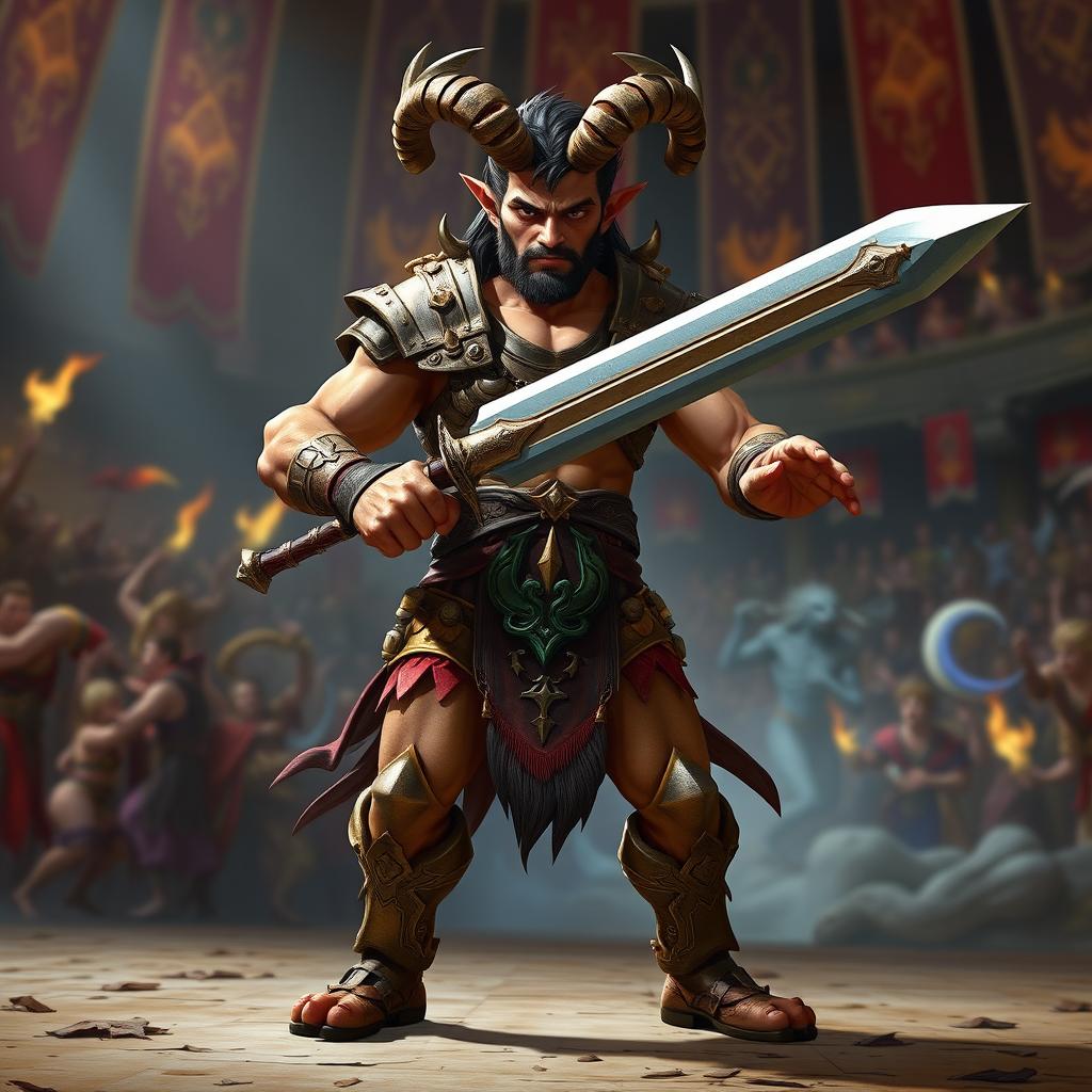 A short male satyr gladiator, showcasing his unique features with curled horns and cloven hooves, confidently wielding a gunsword