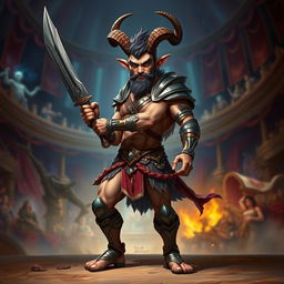 A short male satyr gladiator, showcasing his unique features with curled horns and cloven hooves, confidently wielding a gunsword