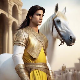 A hyper-realistic portrait of a young, lean Indian man, with fair skin, slightly longer neat hair, dressed in simple casual Indian royal attire of yellow or golden hue, gripping a lifelike diamond sword, standing next to a majestic white horse adorned with golden armor