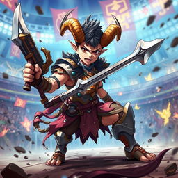 A short male satyr gladiator depicted in anime style, featuring distinctive curled horns and cloven hooves