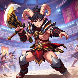A short male satyr gladiator depicted in anime style, featuring distinctive curled horns and cloven hooves