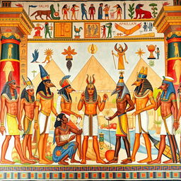 A vibrant and colorful fresco depicting the Egyptian pantheon, showcasing all the deities mentioned, including Anubis, Thoth, and others