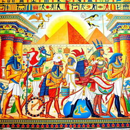 A vibrant and colorful fresco depicting the Egyptian pantheon, showcasing all the deities mentioned, including Anubis, Thoth, and others