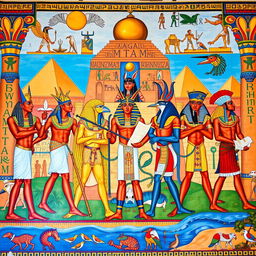 A vibrant and colorful fresco depicting the Egyptian pantheon, showcasing all the deities mentioned, including Anubis, Thoth, and others