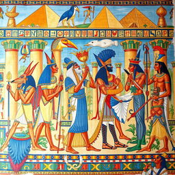 A vibrant and colorful fresco depicting the Egyptian pantheon, showcasing all the deities mentioned, including Anubis, Thoth, and others