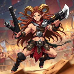 A short male satyr gladiator depicted in anime style, characterized by his long brown hair flowing dramatically behind him