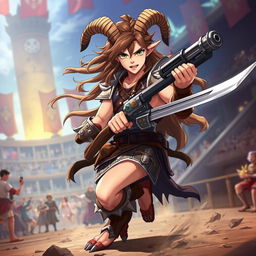 A short male satyr gladiator depicted in anime style, characterized by his long brown hair flowing dramatically behind him