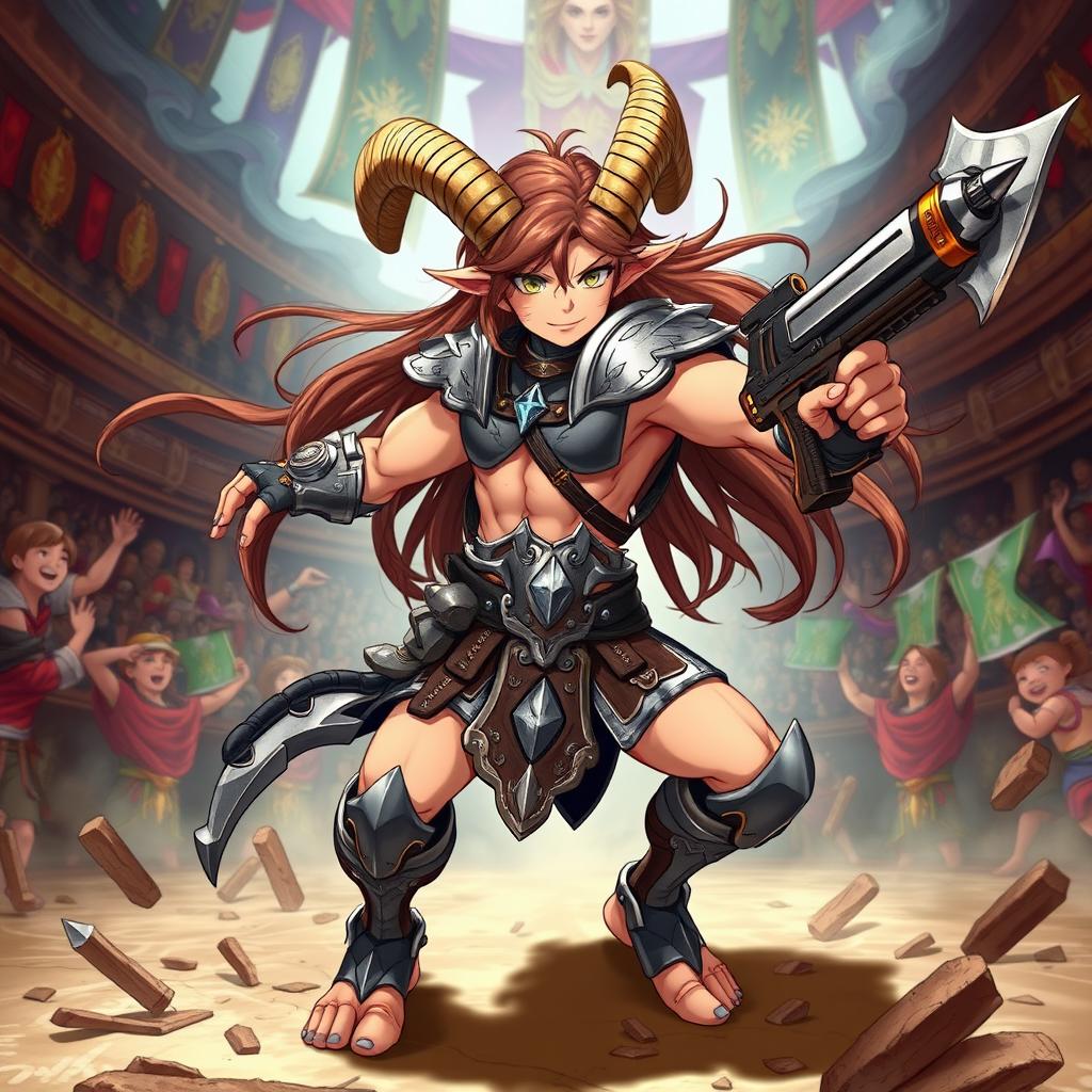 A short male satyr gladiator depicted in anime style, characterized by his long brown hair flowing dramatically behind him