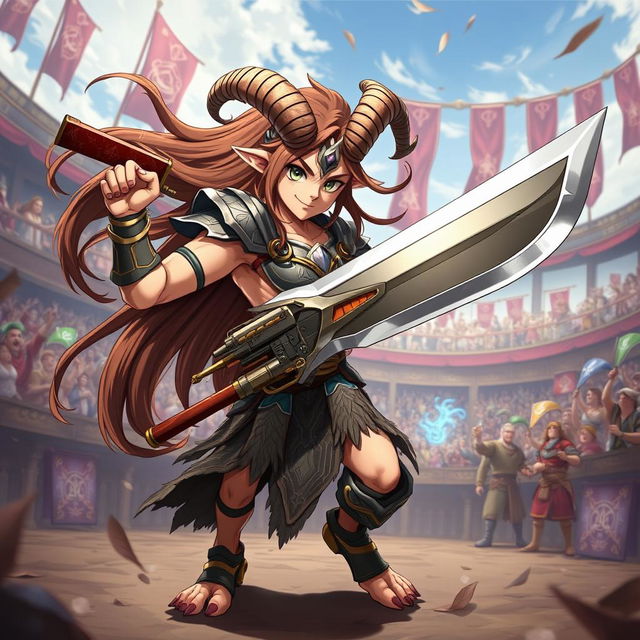 A short male satyr gladiator depicted in anime style, characterized by his long brown hair flowing dramatically behind him