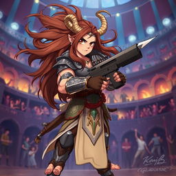 A 2D anime-style illustration of a short male satyr gladiator with long brown hair flowing dramatically