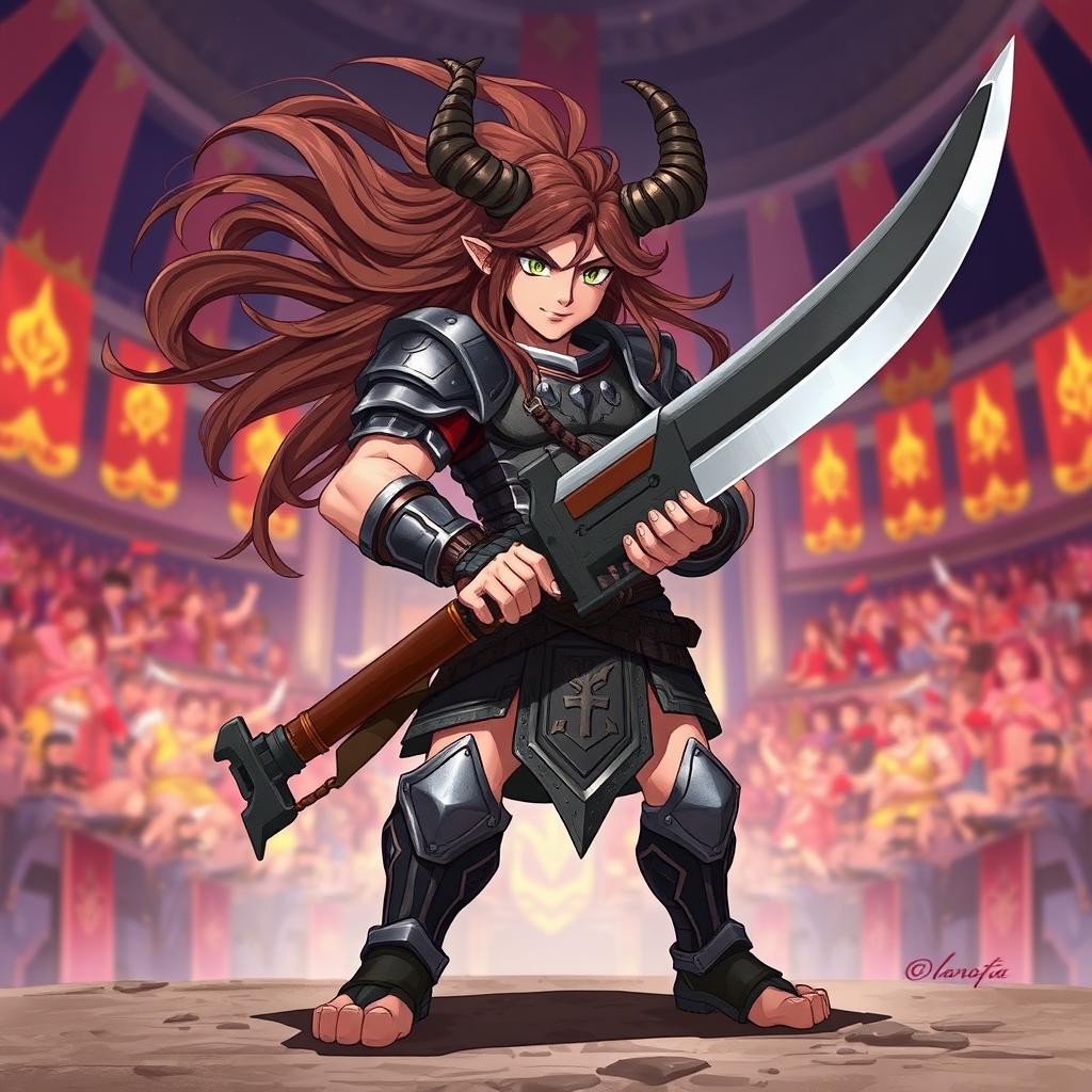 A 2D anime-style illustration of a short male satyr gladiator with long brown hair flowing dramatically