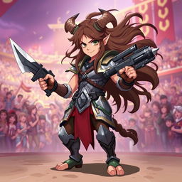 A 2D anime-style illustration of a short male satyr gladiator with long brown hair flowing dramatically