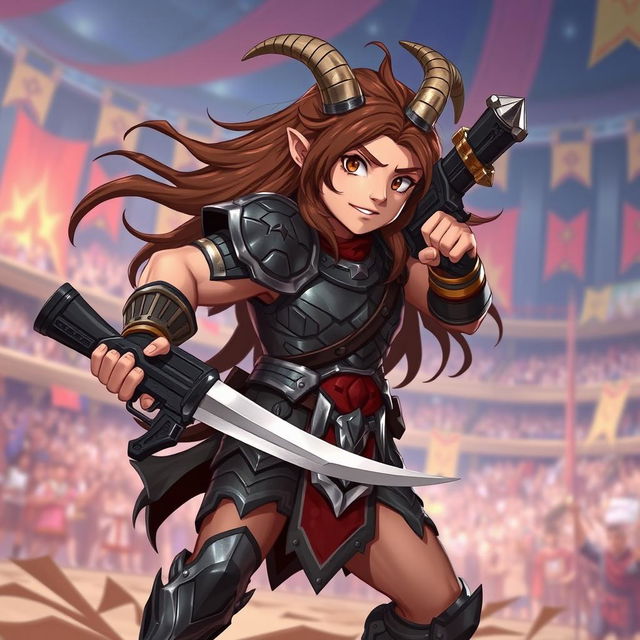 A 2D anime-style illustration of a short male satyr gladiator with long brown hair flowing dramatically