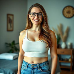 A 39-year-old professional woman, 5'4" tall with a buxom figure, featuring long brown hair cascading down and a round face adorned with freckles