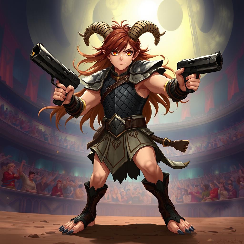 A 2D anime-style illustration of a short male satyr gladiator with long brown hair, dramatically flowing as he strikes a heroic pose