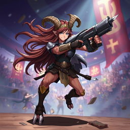 A 2D anime-style illustration of a short male satyr gladiator with long brown hair, dramatically flowing as he strikes a heroic pose