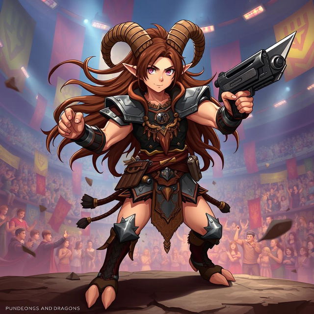 A 2D anime-style illustration of a short male satyr gladiator with long brown hair, dramatically flowing as he strikes a heroic pose