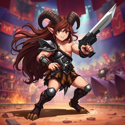 A 2D anime-style illustration of a short male satyr gladiator with long brown hair, dramatically flowing as he strikes a heroic pose