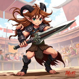 A 2D anime-style illustration of a short male satyr gladiator characterized by his long brown hair flowing in the wind