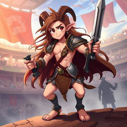 A 2D anime-style illustration of a short male satyr gladiator characterized by his long brown hair flowing in the wind