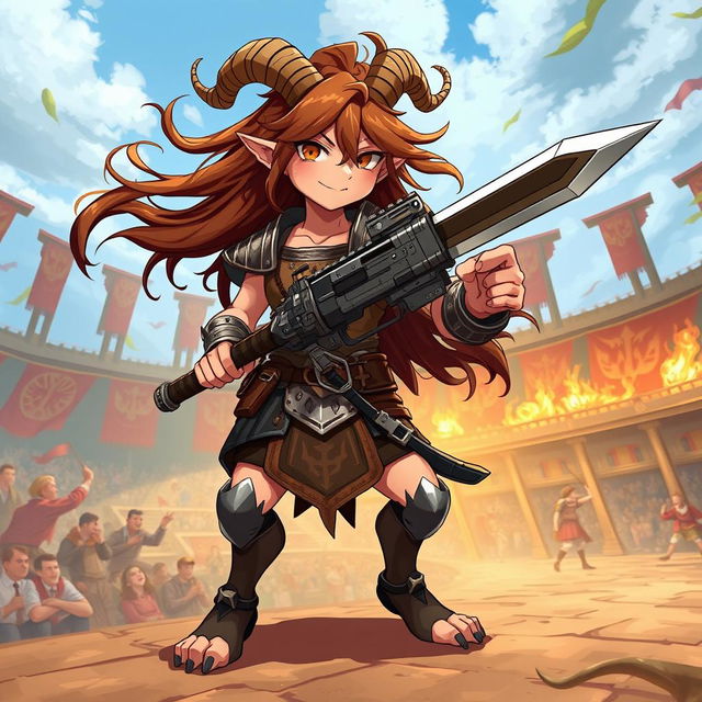 A 2D anime-style illustration of a short male satyr gladiator characterized by his long brown hair flowing in the wind