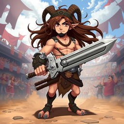 A 2D anime-style illustration of a short male satyr gladiator characterized by his long brown hair flowing in the wind