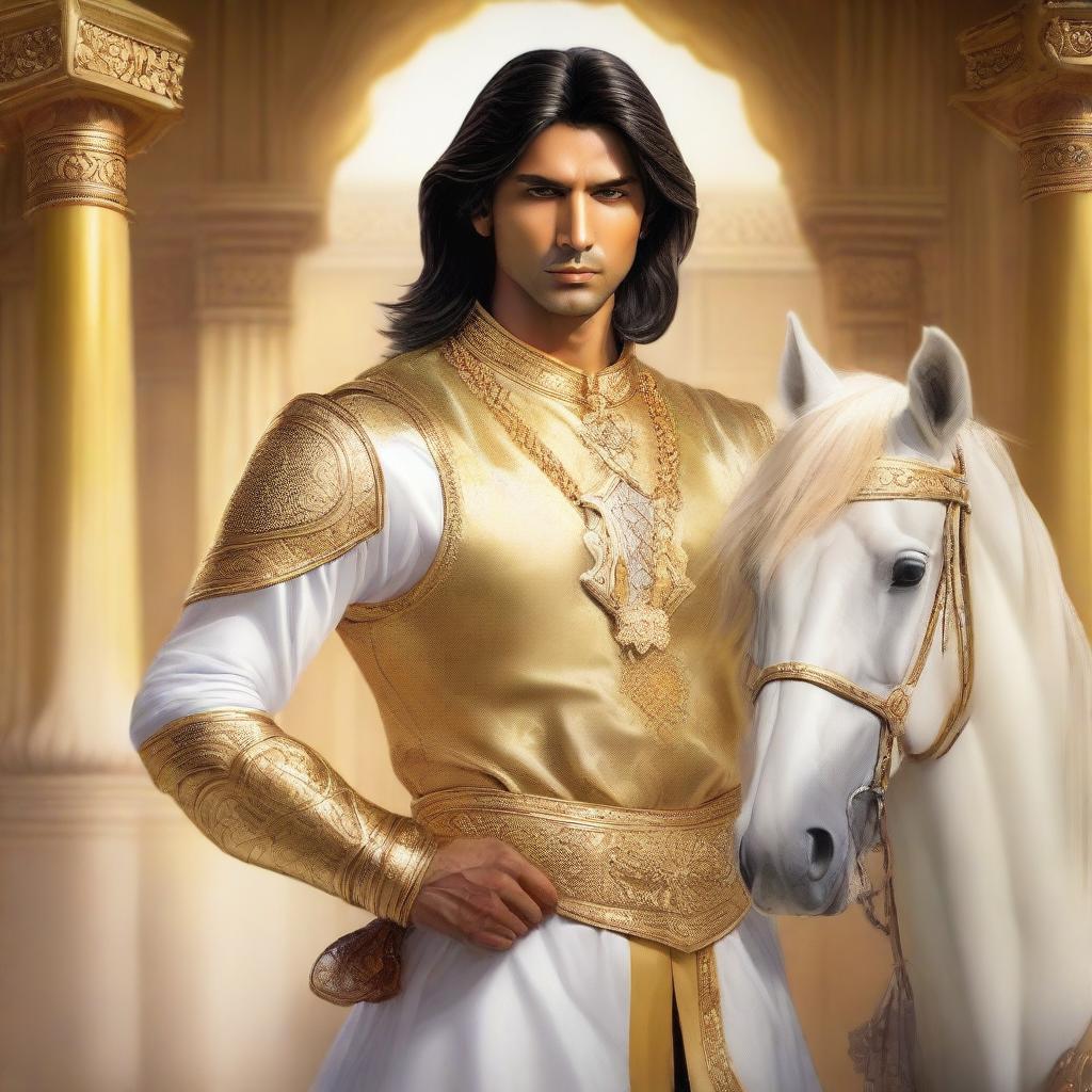 A hyper-realistic portrait of a young, lean Indian man, with fair skin, slightly longer neat hair, clad in simple casual Indian royal attire of yellow or golden hue, gripping a shimmering diamond sword, standing next to a glorious white horse dressed in golden armor