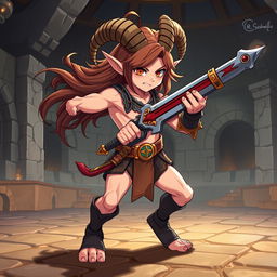 A short male satyr gladiator character designed in a vibrant anime style