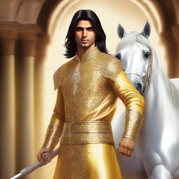 A hyper-realistic portrait of a young, lean Indian man, with fair skin, slightly longer neat hair, clad in simple casual Indian royal attire of yellow or golden hue, gripping a shimmering diamond sword, standing next to a glorious white horse dressed in golden armor