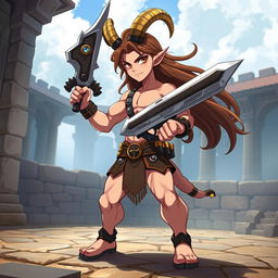 A short male satyr gladiator character designed in a vibrant anime style