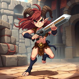 A short male satyr gladiator character designed in a vibrant anime style