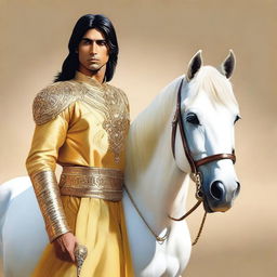 A hyper-realistic portrait of a young, lean Indian man, with fair skin, slightly longer neat hair, clad in simple casual Indian royal attire of yellow or golden hue, gripping a shimmering diamond sword, standing next to a glorious white horse dressed in golden armor