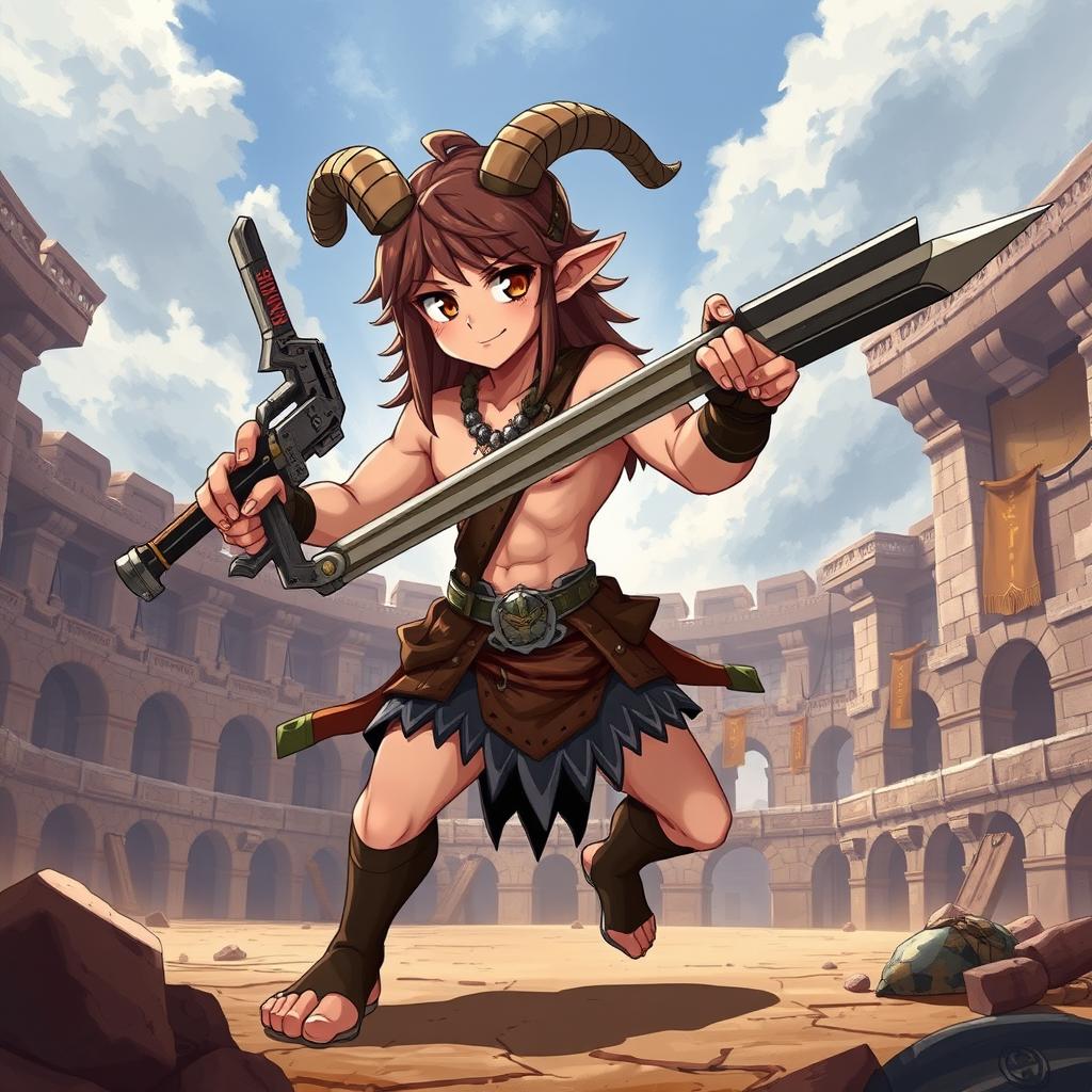 A short male satyr gladiator character in a 2D anime style, featuring long brown hair and distinct goat legs that emphasize his satyr heritage