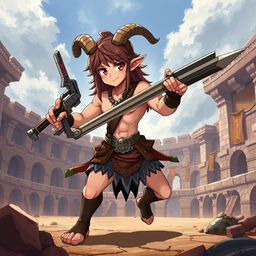 A short male satyr gladiator character in a 2D anime style, featuring long brown hair and distinct goat legs that emphasize his satyr heritage